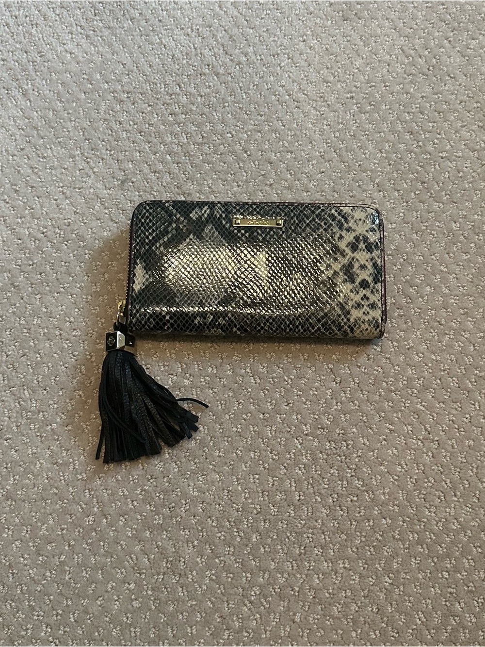 Stella & Dot Snake-Print Zip Wallet in Black and Cream